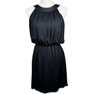 Alice + Olivia Black Silk Mini Dress LBD High Halter Neck Leather Collar L